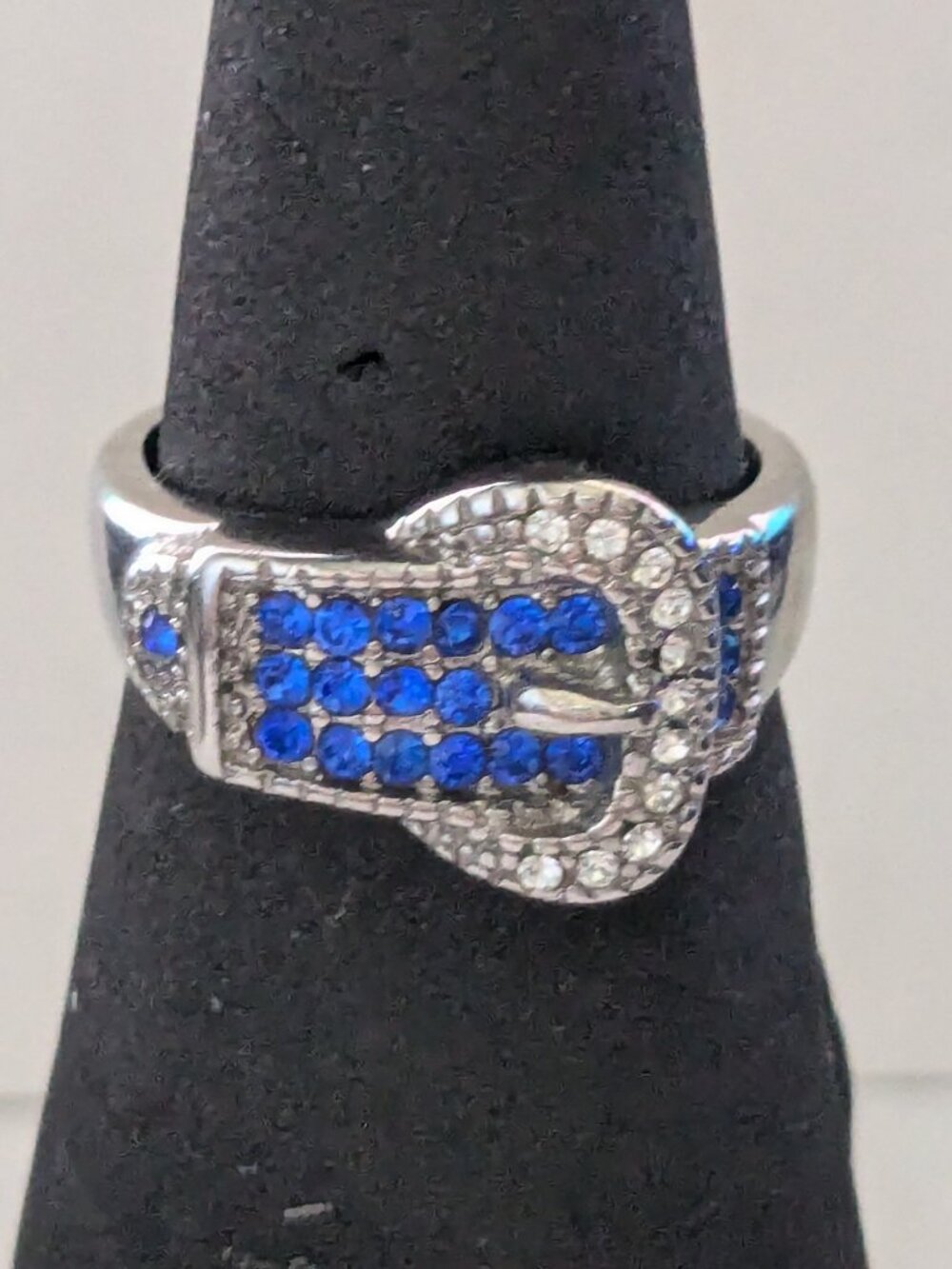 Silver Tone Blue Stone Belt Buckle Ring Size 9